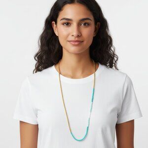Long Asymmetric Gold Tone Chain Necklace Turquoise Color Bead Statement Boho